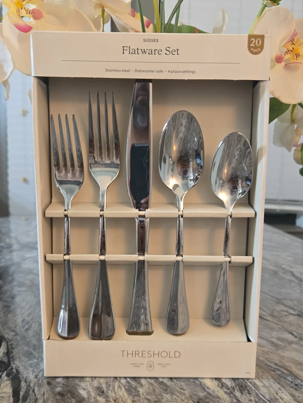 Threshold Polished Stainless Steel Flatware Set in Silver